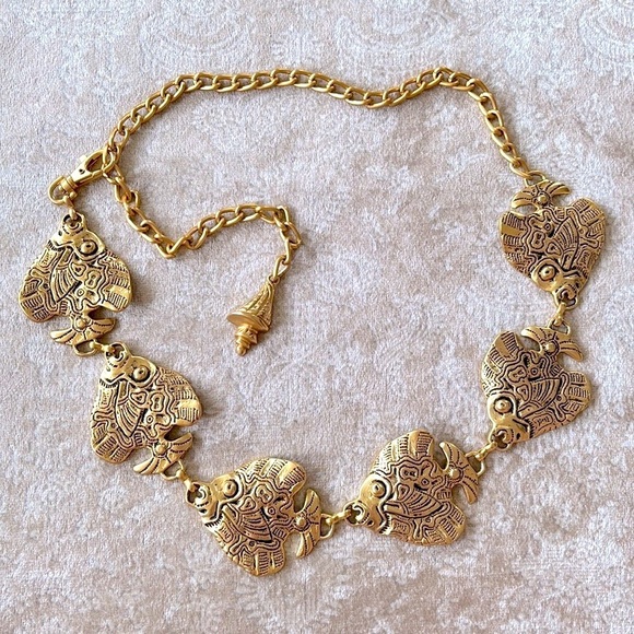VINTAGE Gold Tone Tropical Angel Fish Chain Belt Metal Cinch Waist Lobster Clasp - Picture 2 of 16